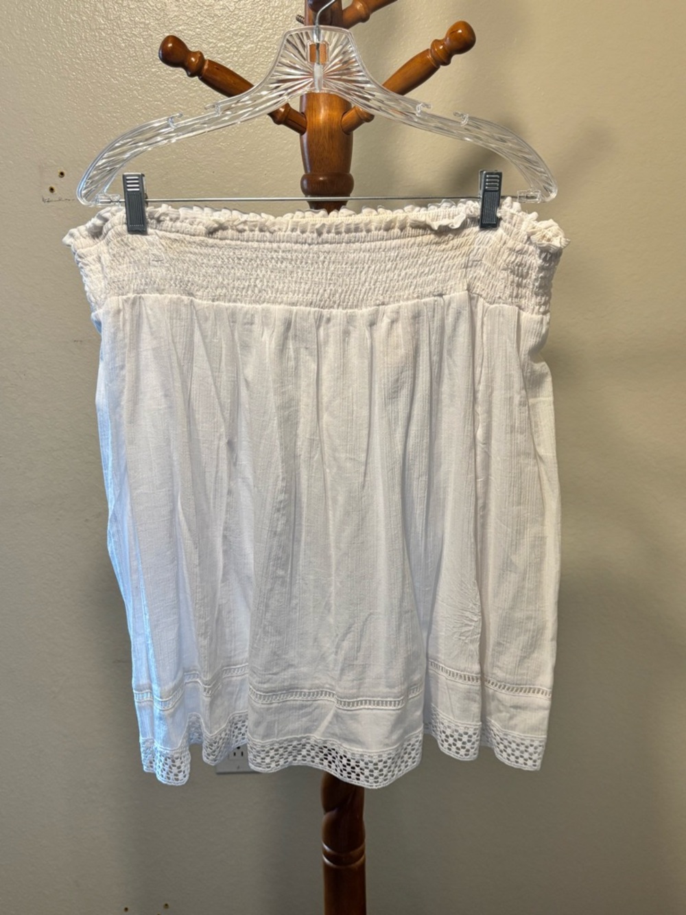 Faded Glory White Smocked Mini Boho Skirt with Embroidery Cutout Crochet Hem